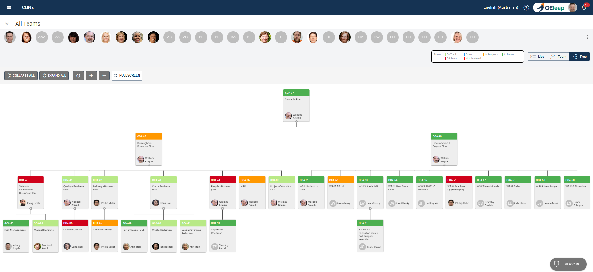 Goal cascade tree view showing strategic objectives flowing down to team goals with status indicators